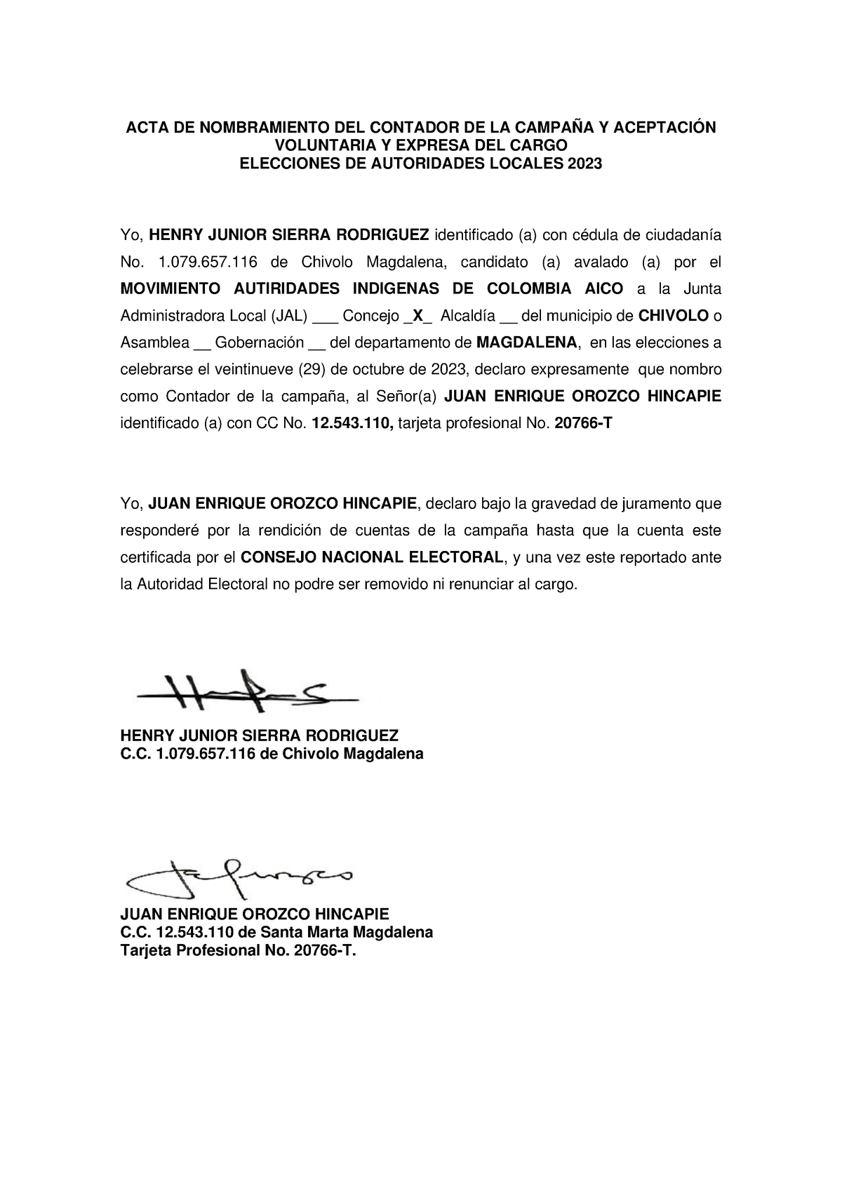 Acta De Asignacion Y Aceptacion De Cargo De Contador Henry Sierra
