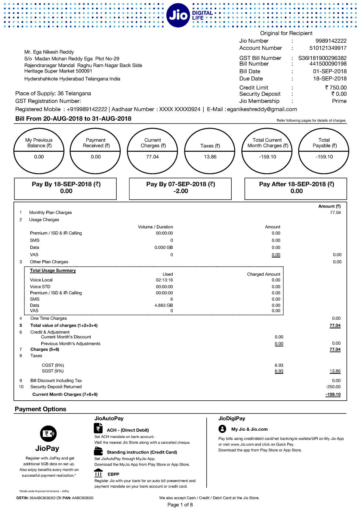 Jio Broadband Bill Sample - Mr. Ega Nikesh Reddy S/o Madan Mohan Reddy ...