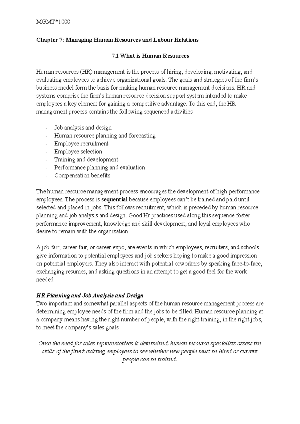 MGMT Chapter 7 Notes - Chapter 7: Managing Human Resources and Labour ...