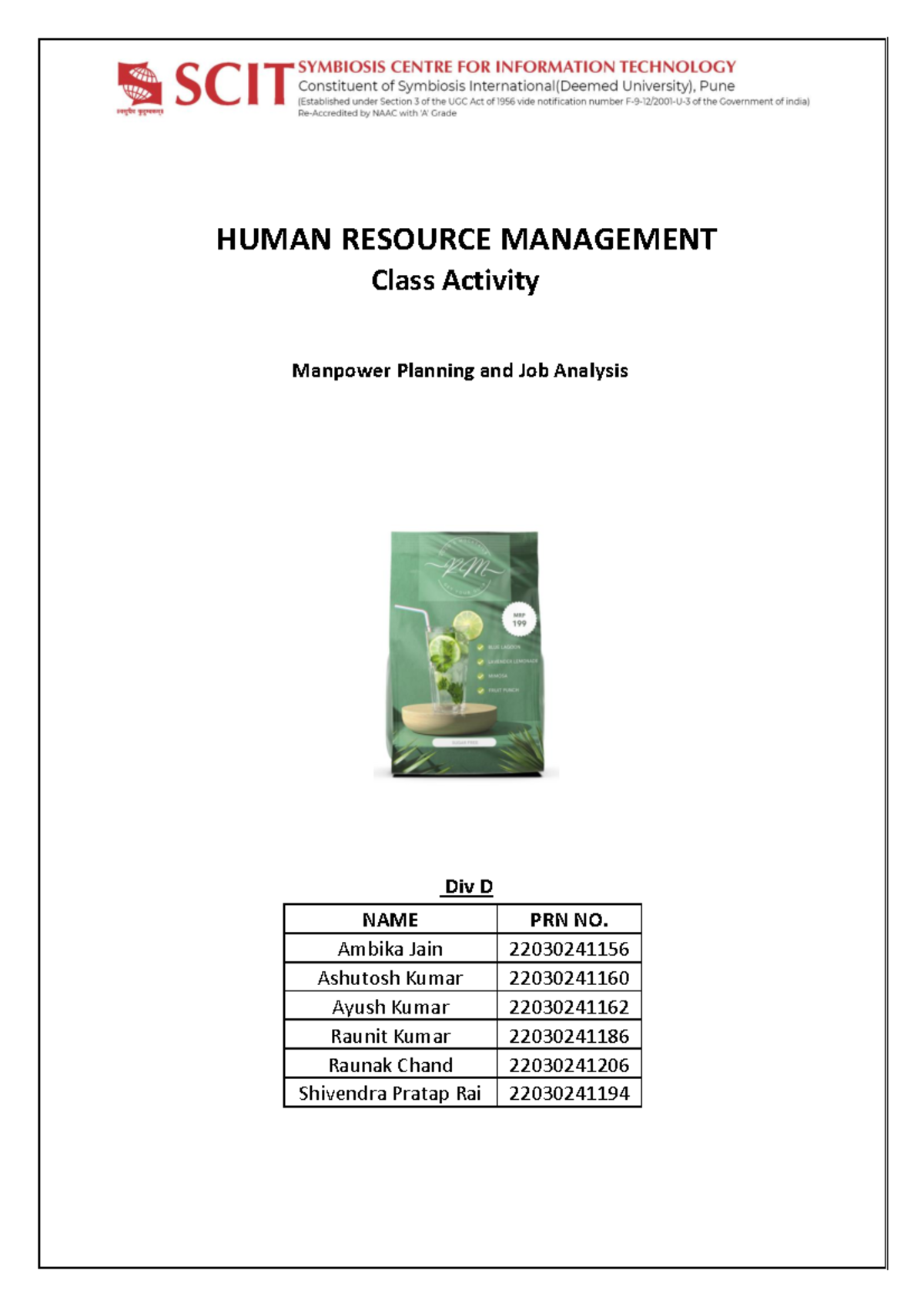 DIV D HRM ROCO Mocktail assignment HUMAN RESOURCE MANAGEMENT Class
