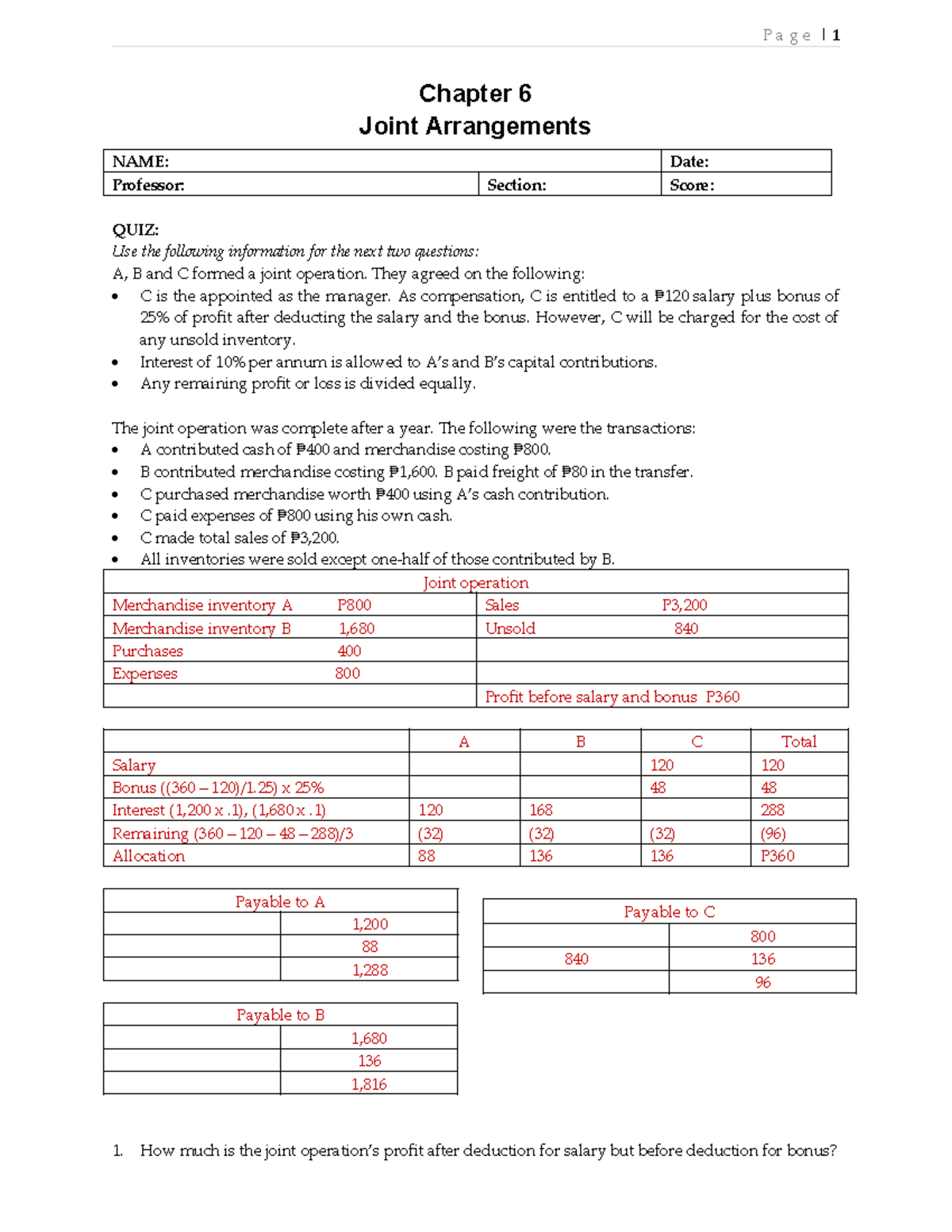 QUIZ-2 Joint- Arrangements - Chapter 6 Joint Arrangements NAME: Date ...