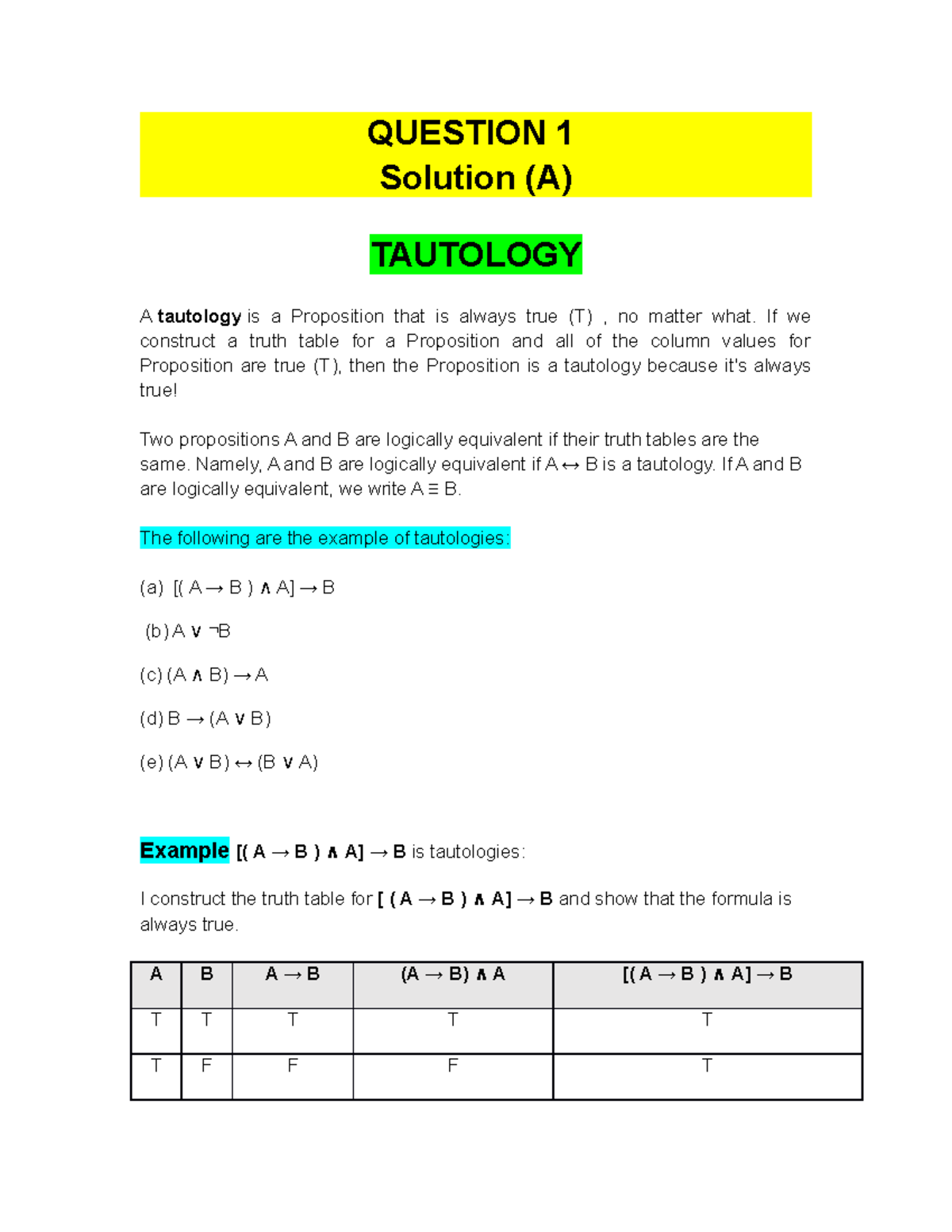 Discreate Math Assigment - QUESTION 1 Solution (A) TAUTOLOGY A ...