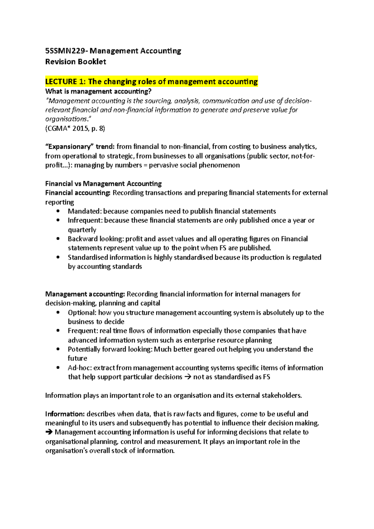 5SSMN229 Management AccountingRevision booklet 5SSMN229 Management