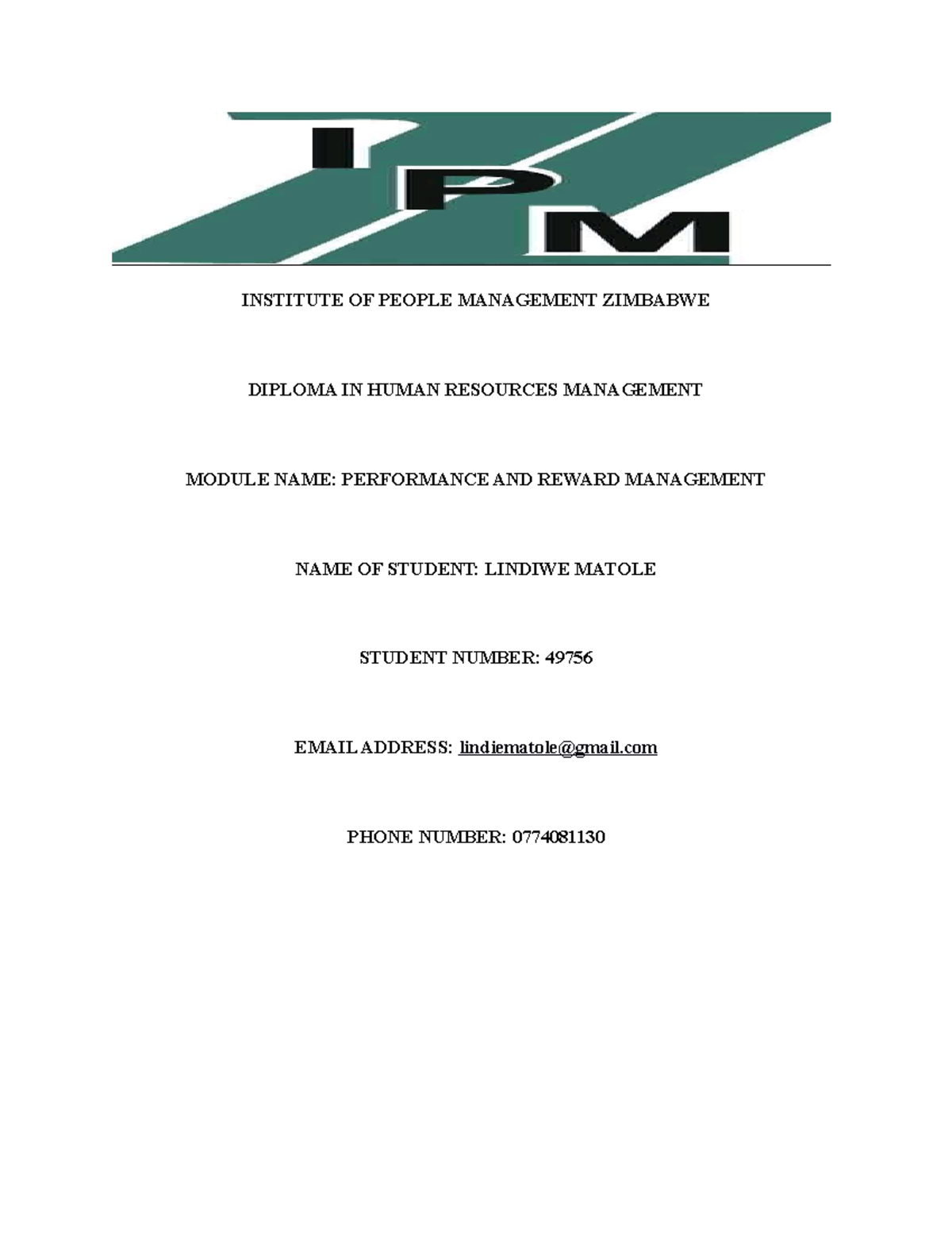 Performance AND Reward Management Assignment - INSTITUTE OF PEOPLE ...