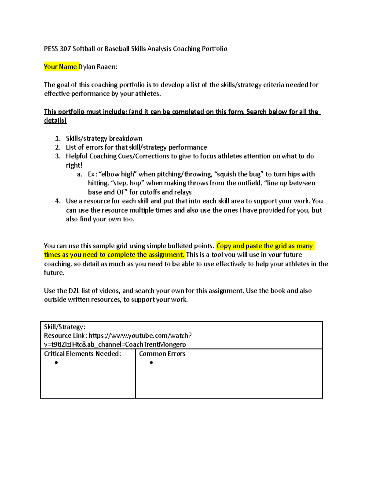 PESS 307 Softball or Baseball Skills Analysis Coaching Portfolio 1 ...