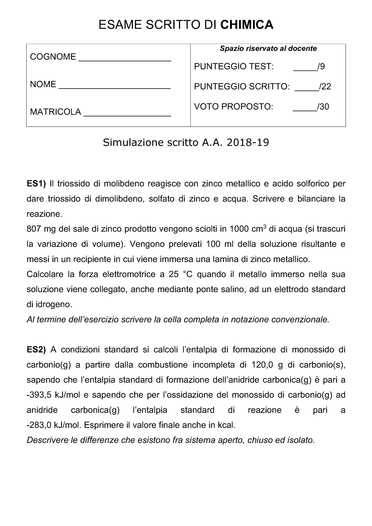 Esempio Prova D Esame Domande ESAME SCRITTO DI CHIMICA Spazio Riservato Al Docente