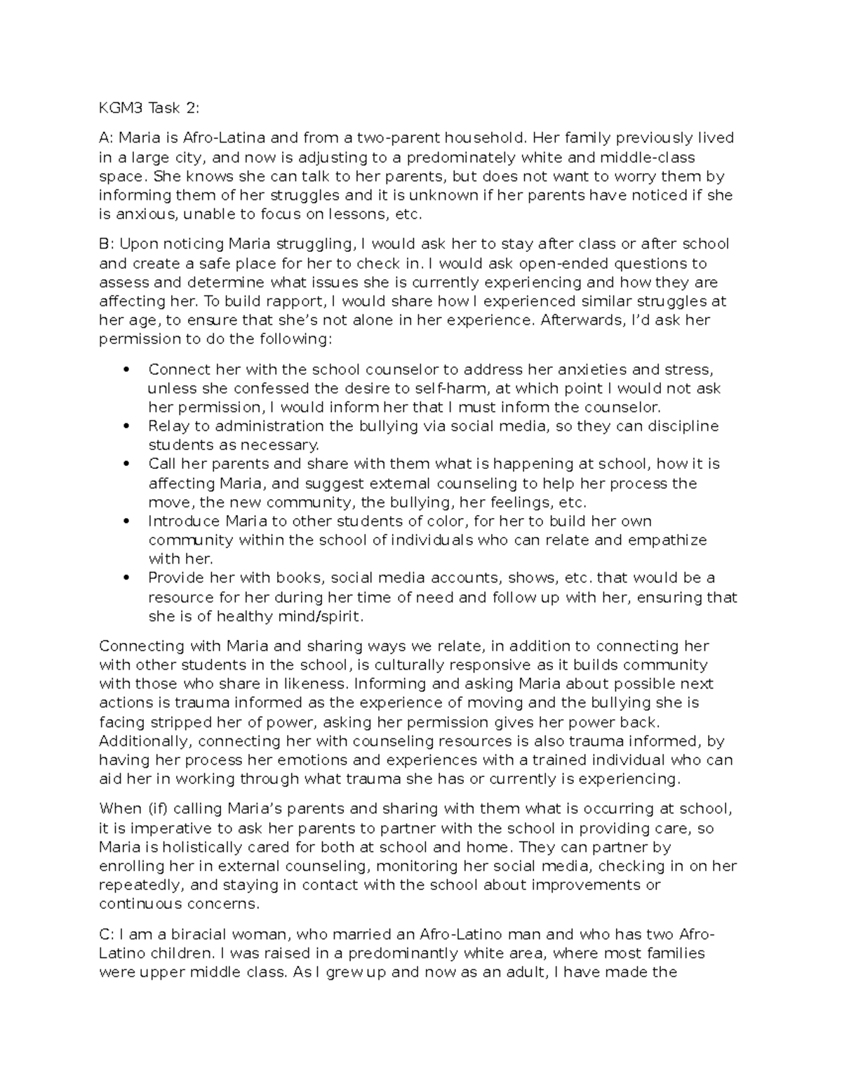 KGM3 Task 2 - Passed - KGM3 Task 2: A: Maria is Afro-Latina and from a ...