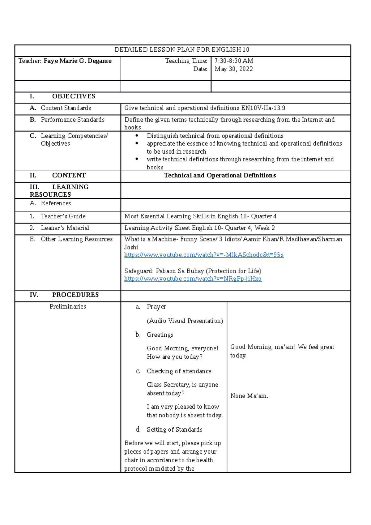 Revised Degamo Detailed Lesson PLAN FOR English 10 Technical and ...