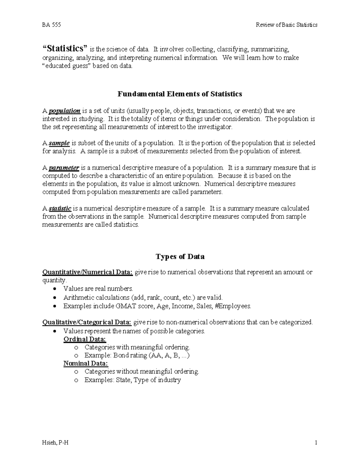 Class Notes - Review of Statistics - BA 555 Review of Basic Statistics ...