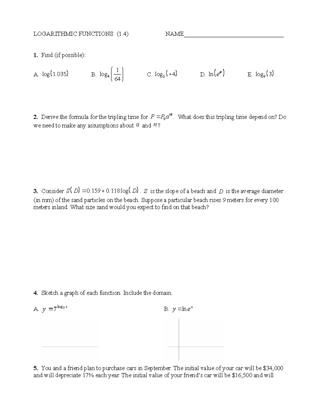 Logs - Notes - LOGARITHMIC FUNCTIONS (1) NAME ...