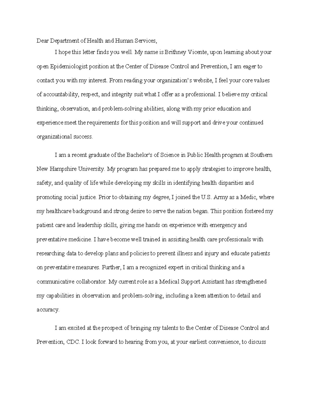 2-2 Career Portfolio - Dear Department of Health and Human Services, I ...