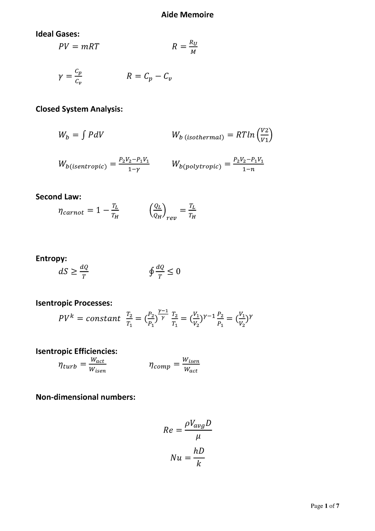 Aide Memoire (Formula Sheet) - Aide Memoire Ideal Gases: 𝑃𝑉 = 𝑚𝑅𝑇 𝑅 = 𝑅 ...