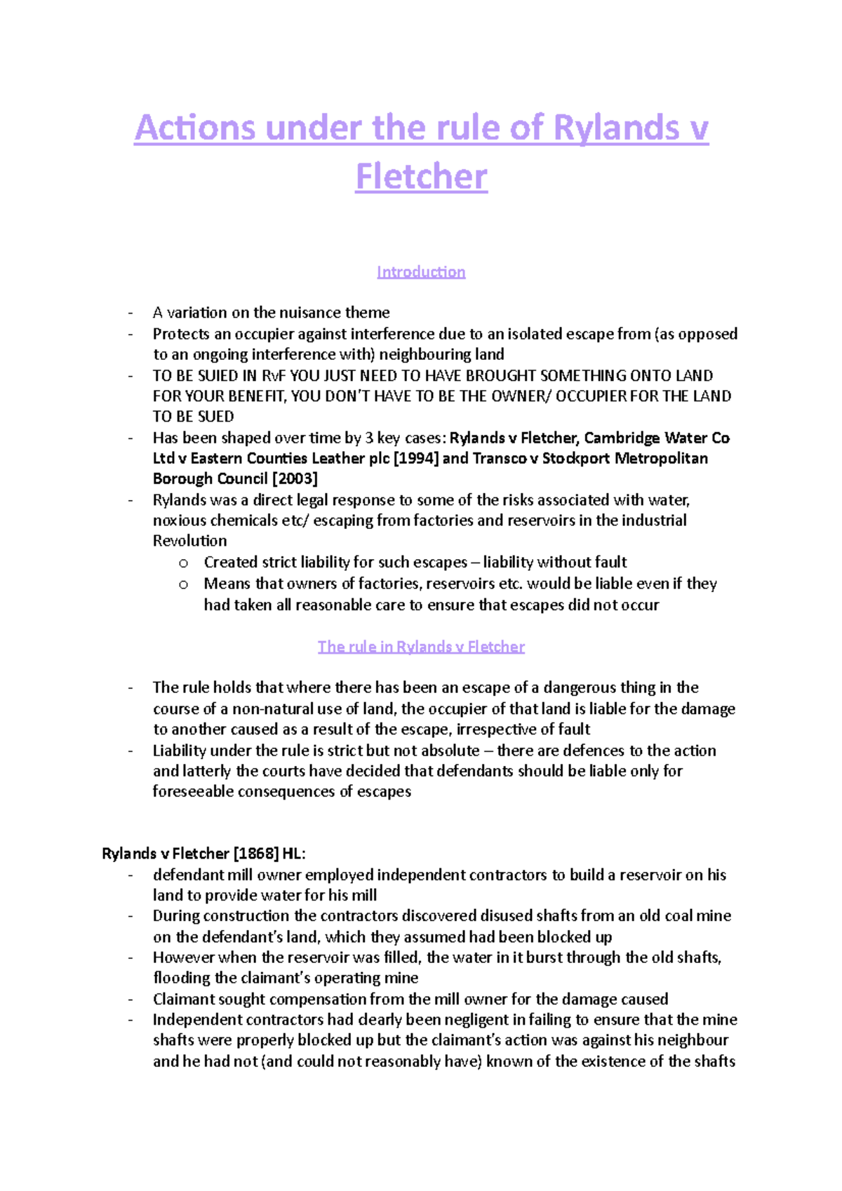 Tort Law - Actions under the rule of Rylands v Fletcher - Actions under ...