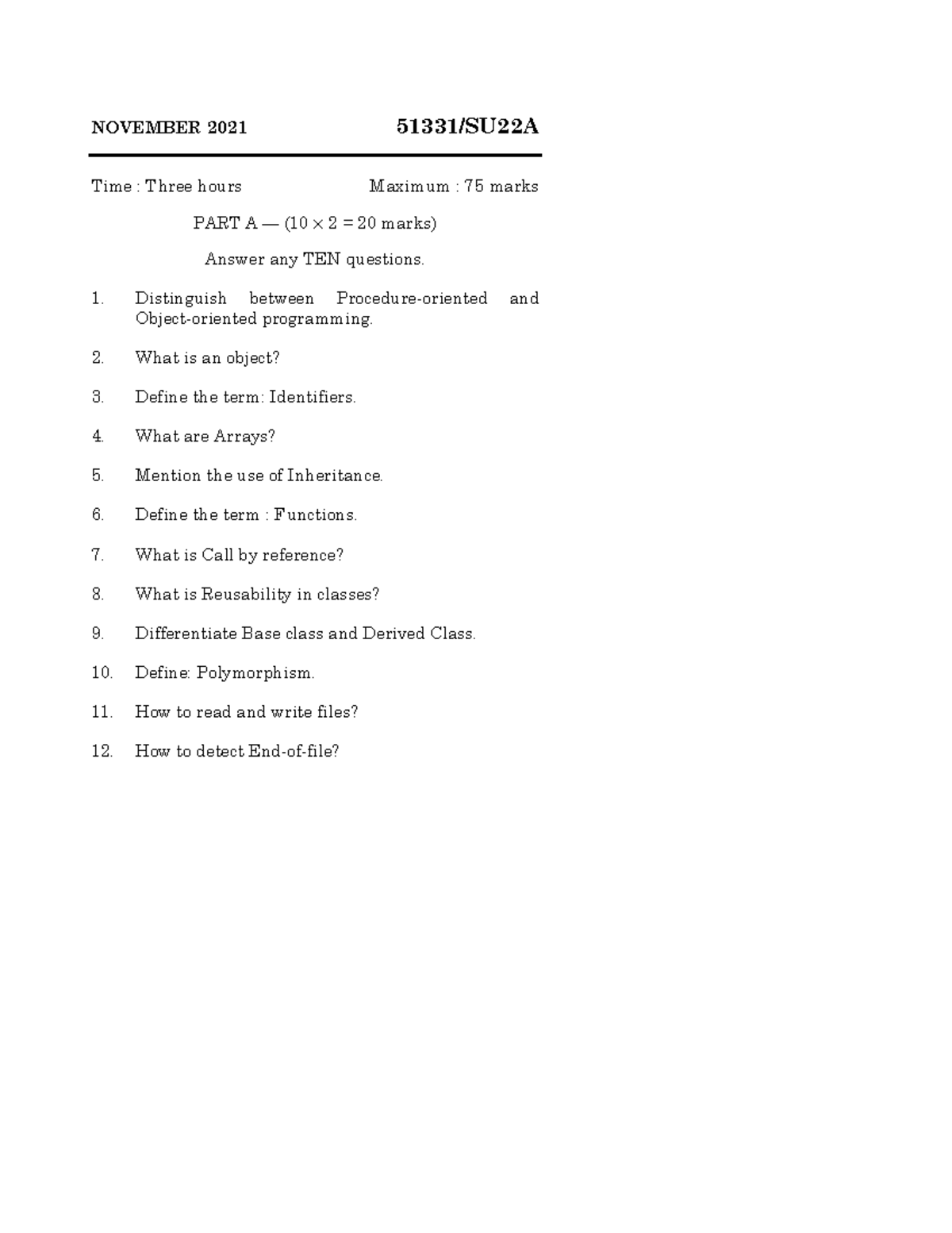 C++ Madras University question paper NOV 2021 - NOVEMBER 2021 51331 ...