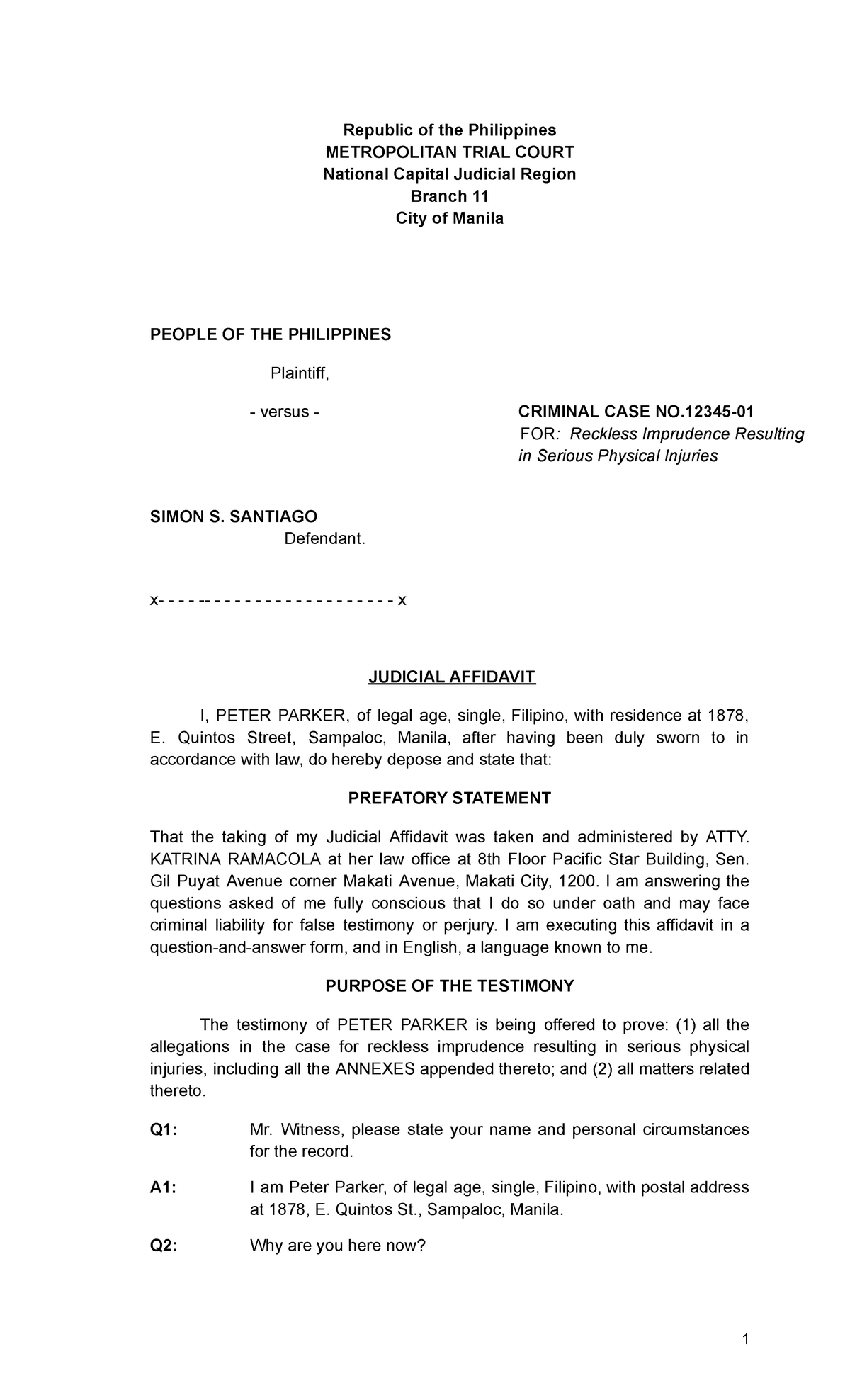 Judicial Affidavit Peter Republic Of The Philippines METROPOLITAN 