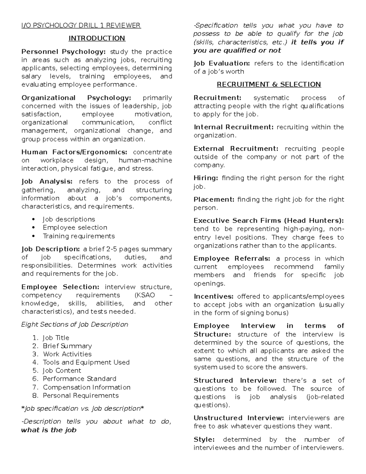 IO Psych Drill 1 Reviewer I/O PSYCHOLOGY DRILL 1 REVIEWER