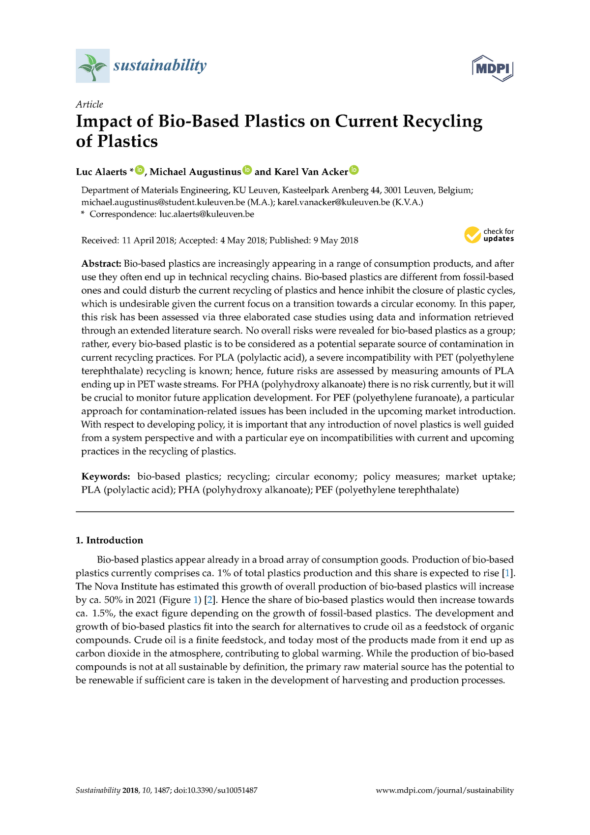 Alaerts 2018 Sustainability - Sustainability Article Impact Of Bio ...