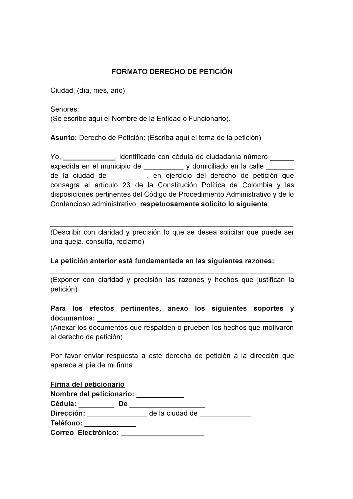 Formato Derecho DE Petición - FORMATO DERECHO DE PETICIÓN Ciudad, (día,  mes, año) Señores: (Se - Studocu