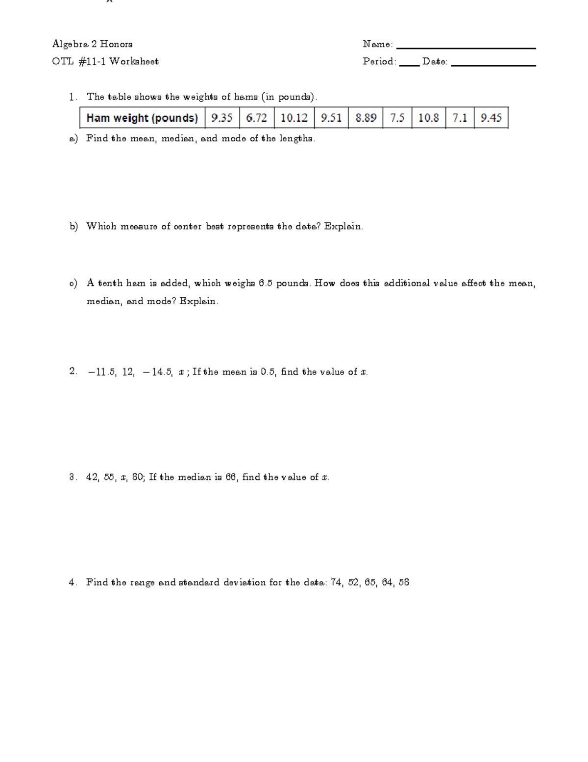 OTL 11-1 Worksheet - Algebra 2 Honors Name: OTL #11-1 Worksheet Period ...