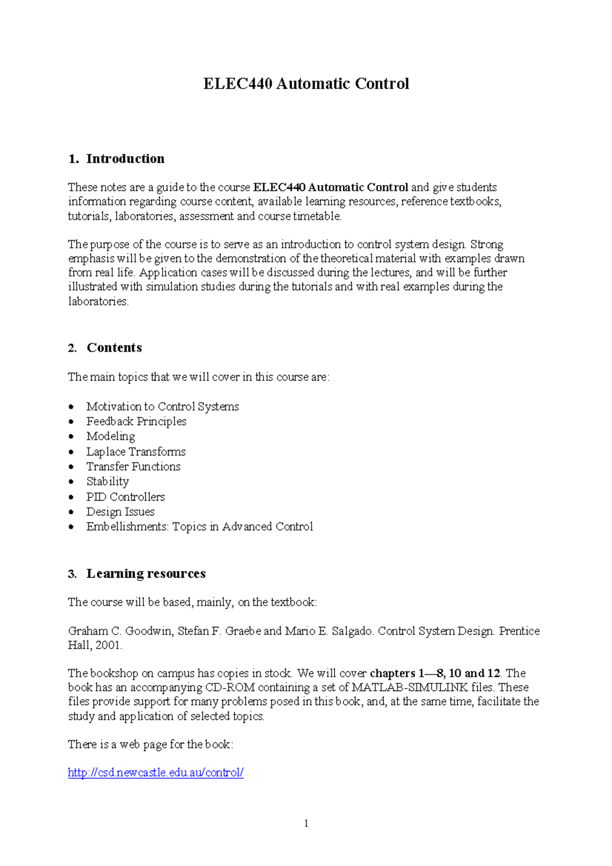 Course notes of Automatic Control - ELEC440 Automatic Control 1 ...