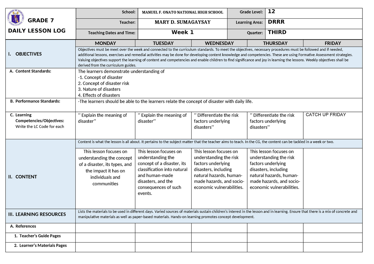 DLL DRRR third quarter - GRADE 7 DAILY LESSON LOG School: MANUEL F ...