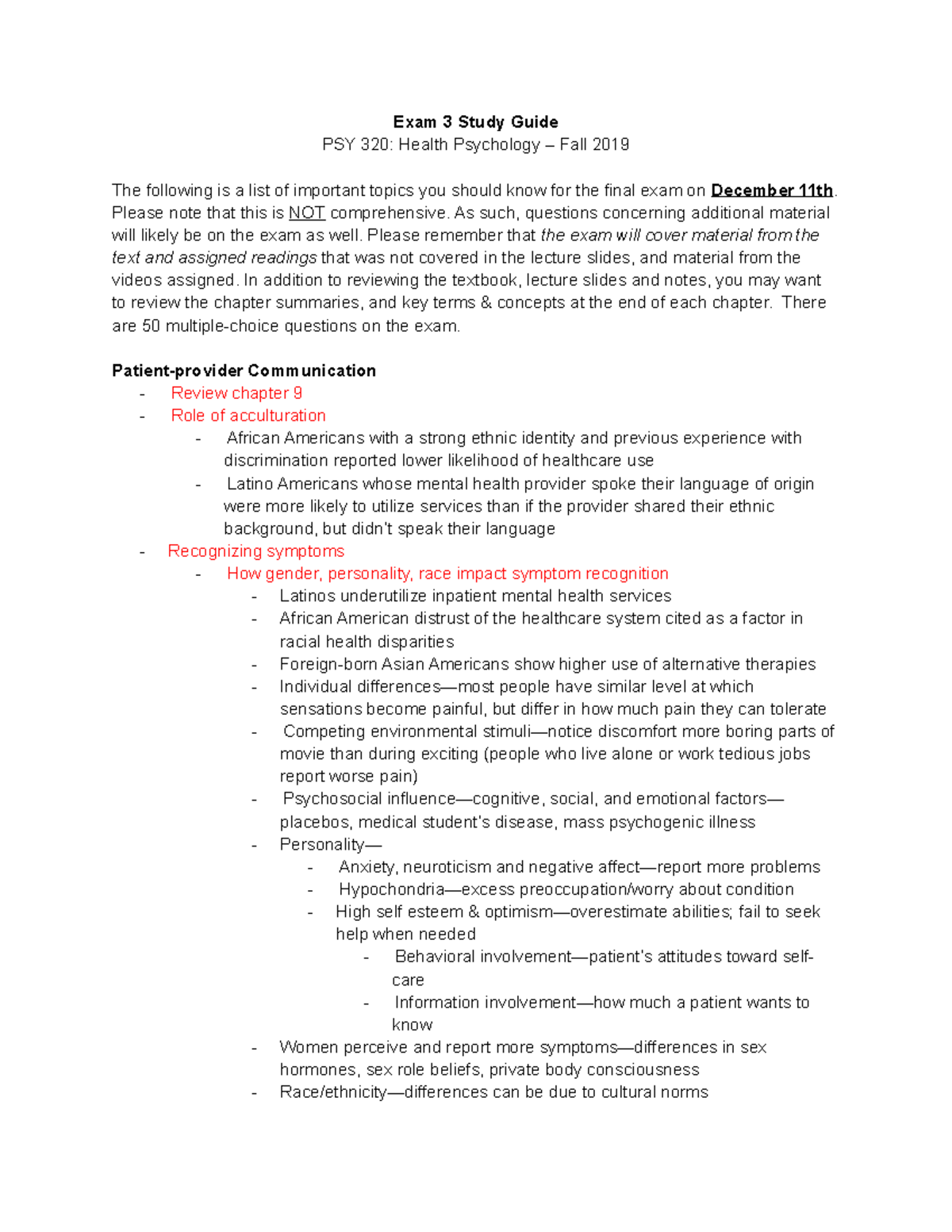 Exam 3 Study Guide - Exam 3 Study Guide PSY 320: Health Psychology ...