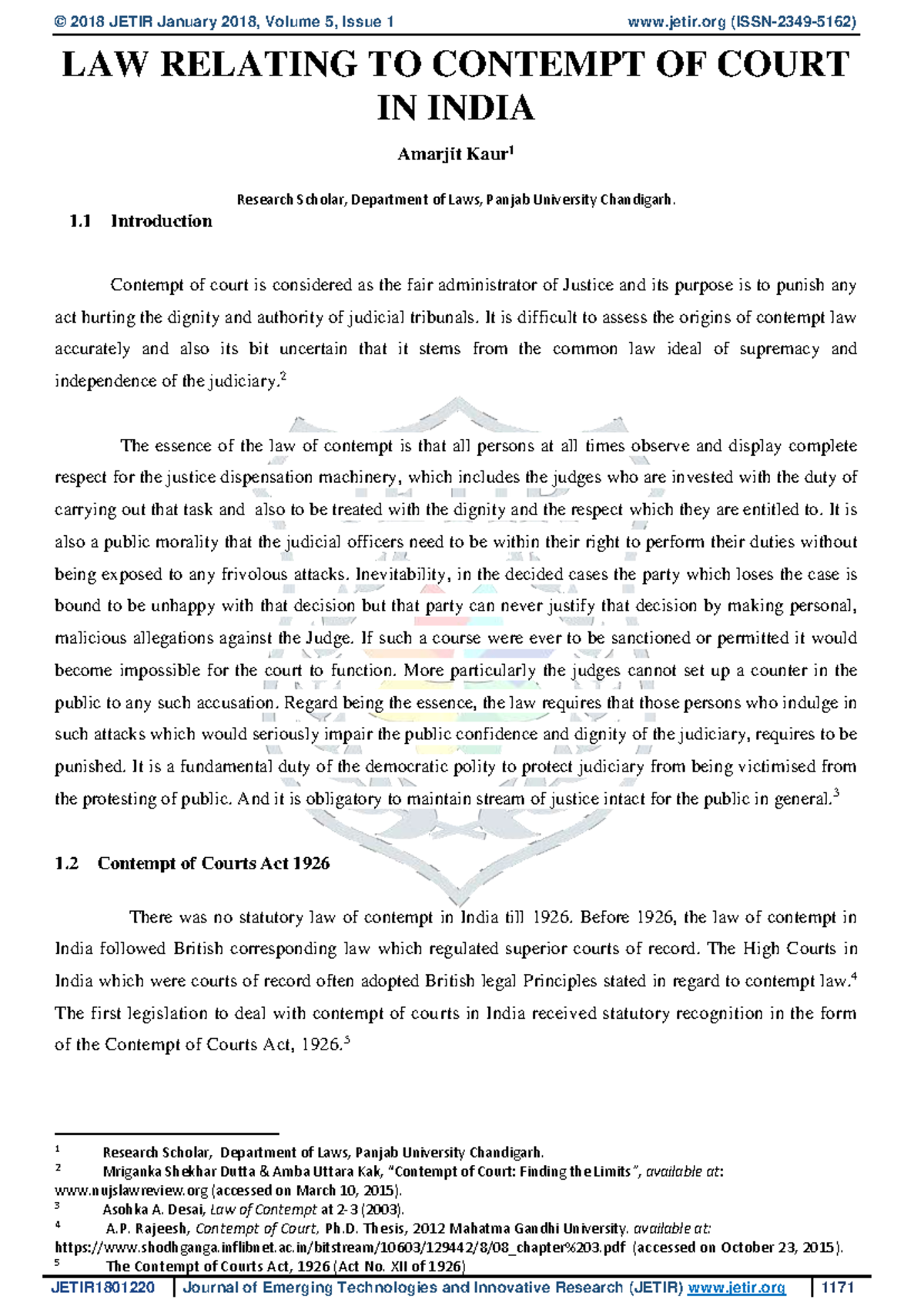 Jetir 1801220 - LAW RELATING TO CONTEMPT OF COURT IN INDIA Amarjit Kaur ...