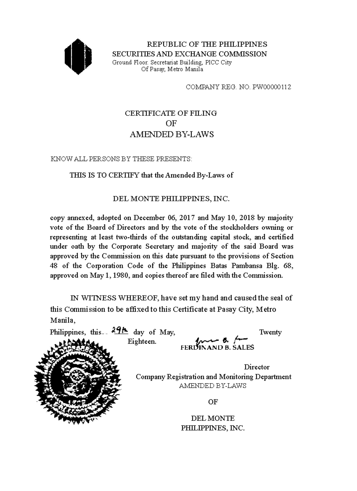 DMPI Amended-By-Laws-30-May-2018 - REPUBLIC OF THE PHILIPPINES ...