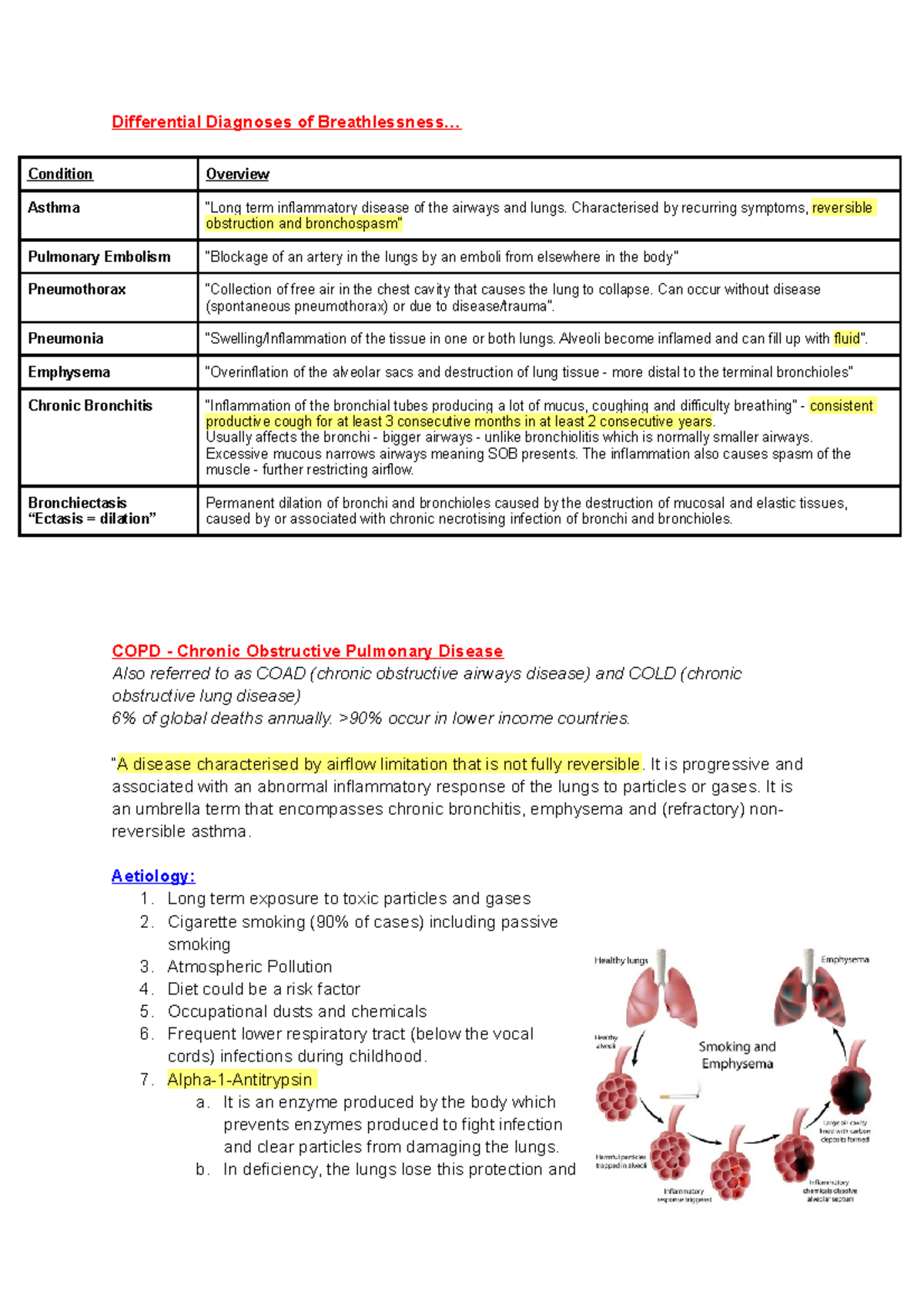 COPD + Asthma- Lecture notes 2.02 - Differential Diagnoses of ...