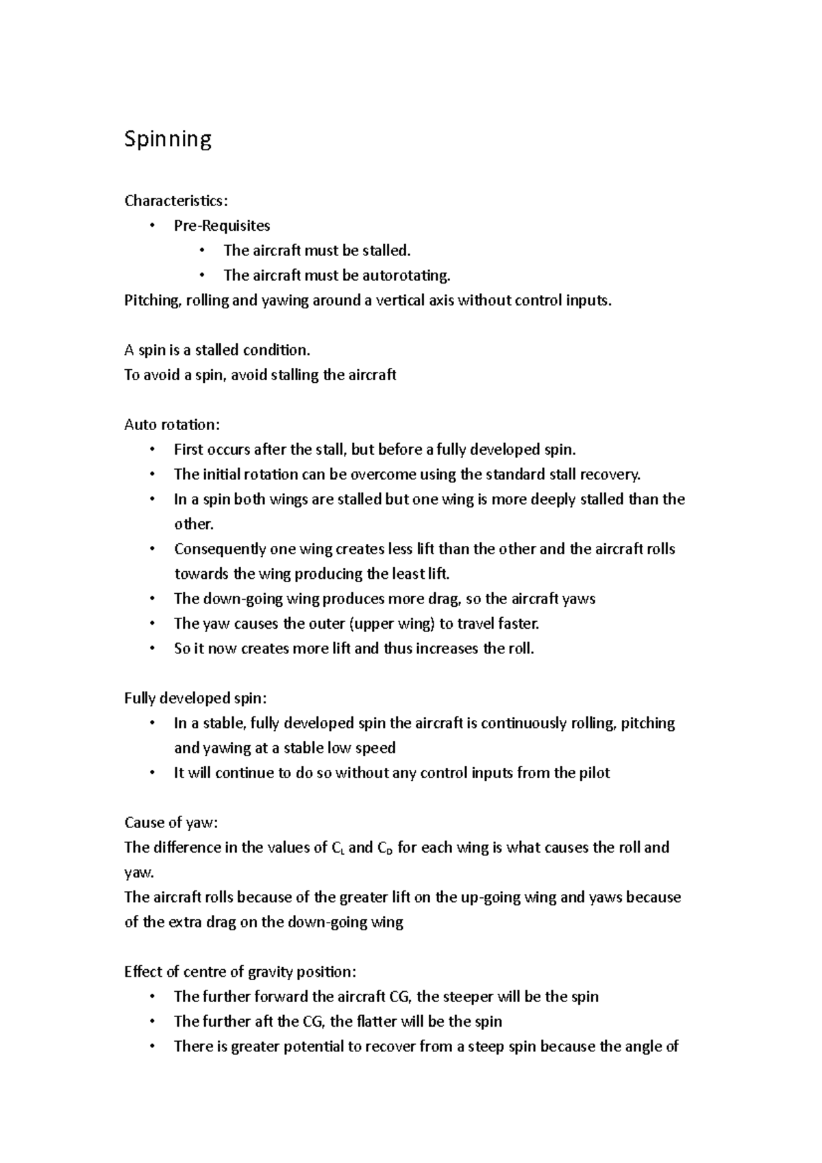 Spinning Notes for the subject Spinning Characteristics PreRequisites The aircraft