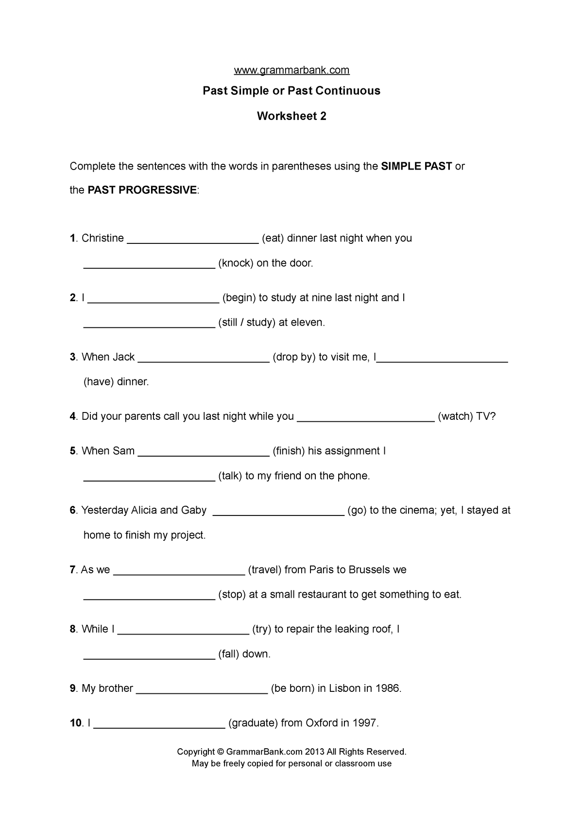 Past Simple Vs Past Continuous Worksheet 2 Grammarbank Past Simple Or Past Continuous 