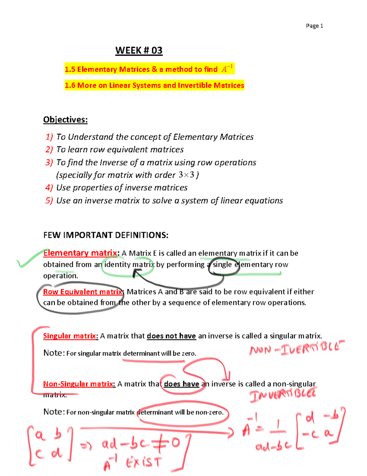 Handwritten Notes-Week 3 - WEEK # 03 1 Elementary Matrices & a method ...