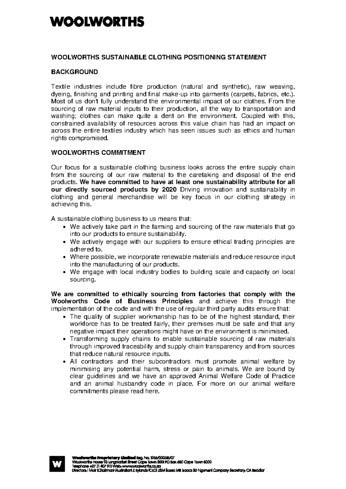 Woolworths Clothing Position Statement WOOLWORTHS SUSTAINABLE