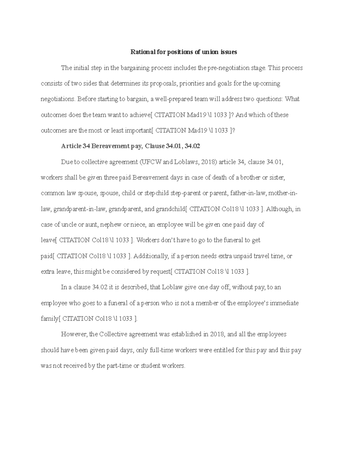 Rational for positions of union issues (collective agreement part 3 ...