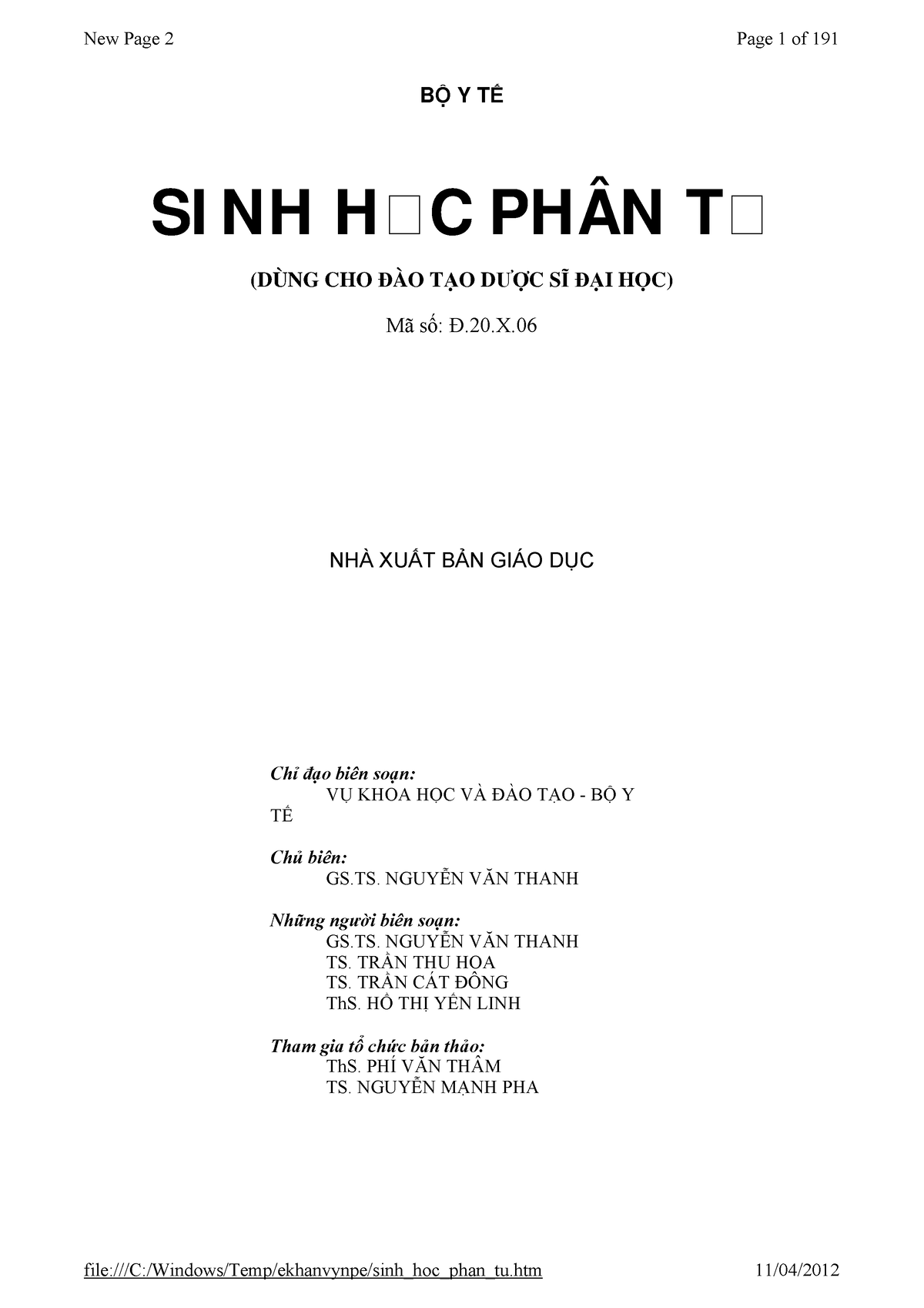 Sinh Hoc Phan Tu Dhydtphcm - BỘ Y TẾ SI NH H C PHÂN T (DÙNG CHO ĐÀO TẠO ...