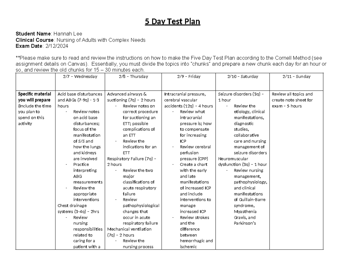 5 Day Test Plan - 5 day test plan example - 5 Day Test Plan Student ...