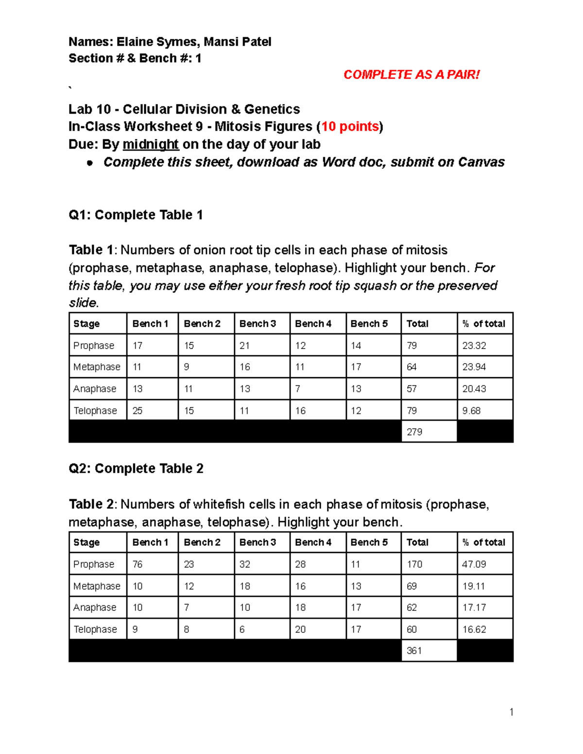 In-Class Worksheet 9 - Mitosis Figures - Section # & Bench #: 1 ...