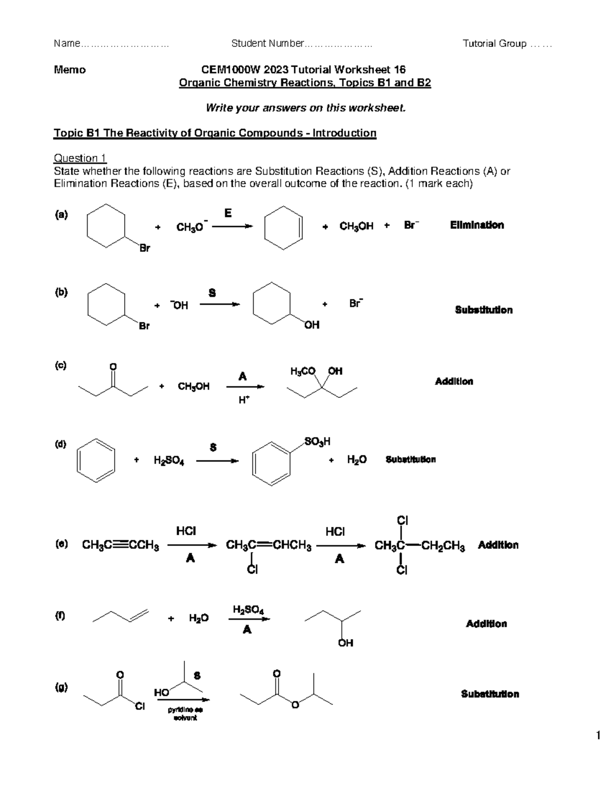 Memo - CEM1000W 2023 Tutorial Worksheet 16 Org Chem Reactions B1 and B2 ...