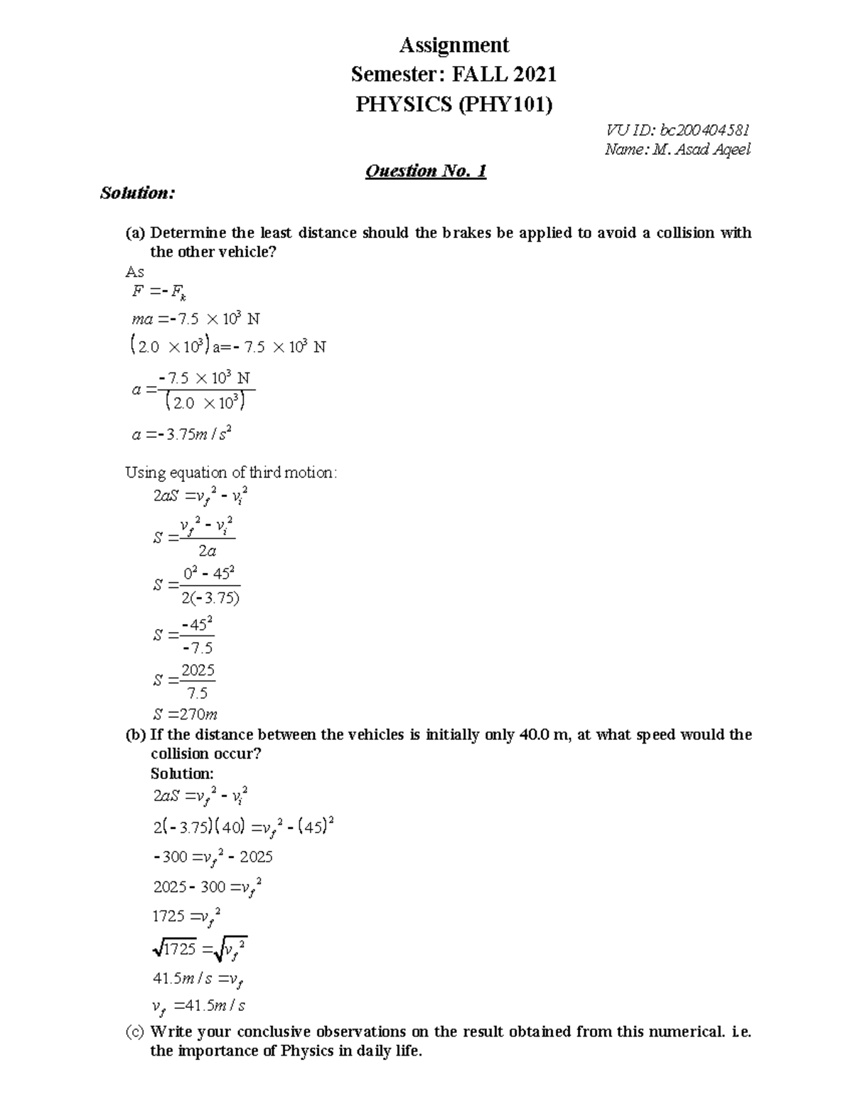 phy 101 assignment 1 solution