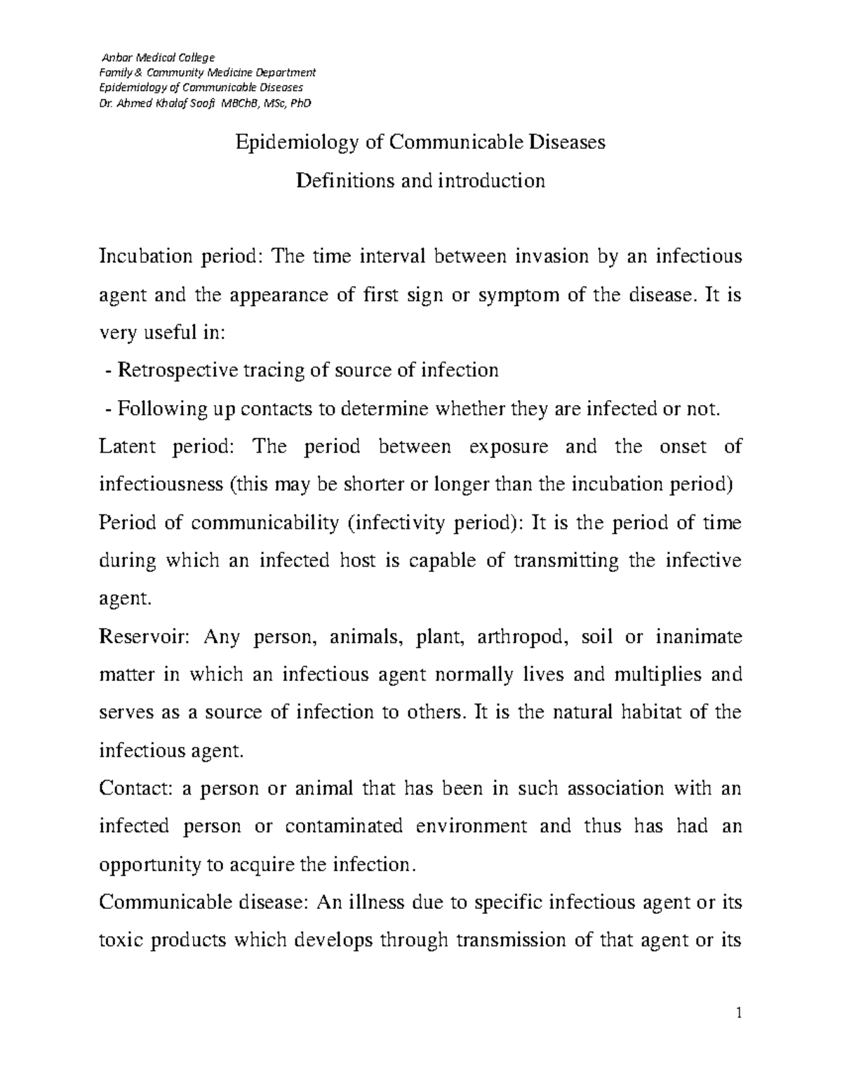 Epidemiology of Communicable Diseases - Ahmed Khalaf Soofi MBChB, MSc ...