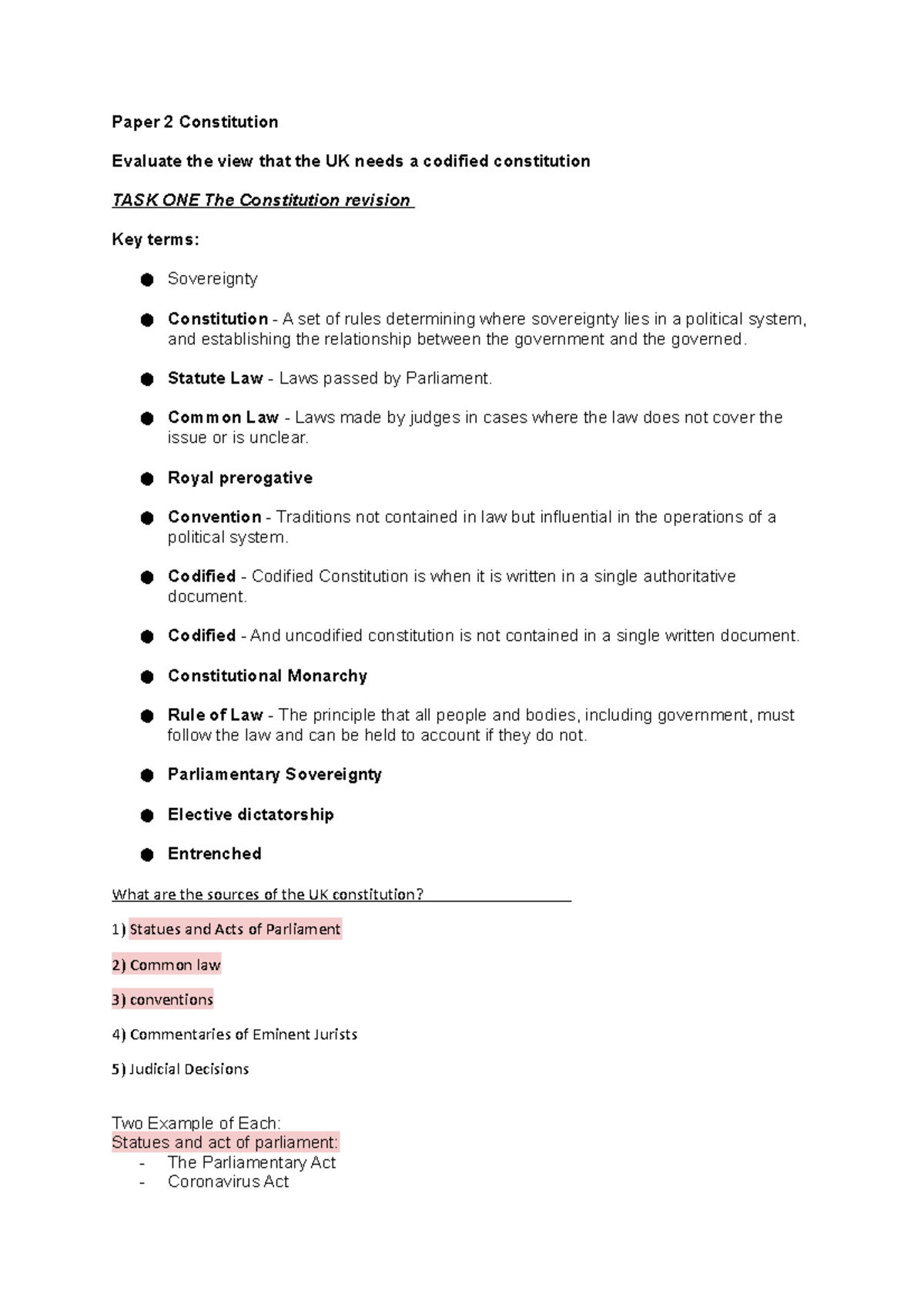 Evaluate the view that the UK needs a codified constitution Paper 2