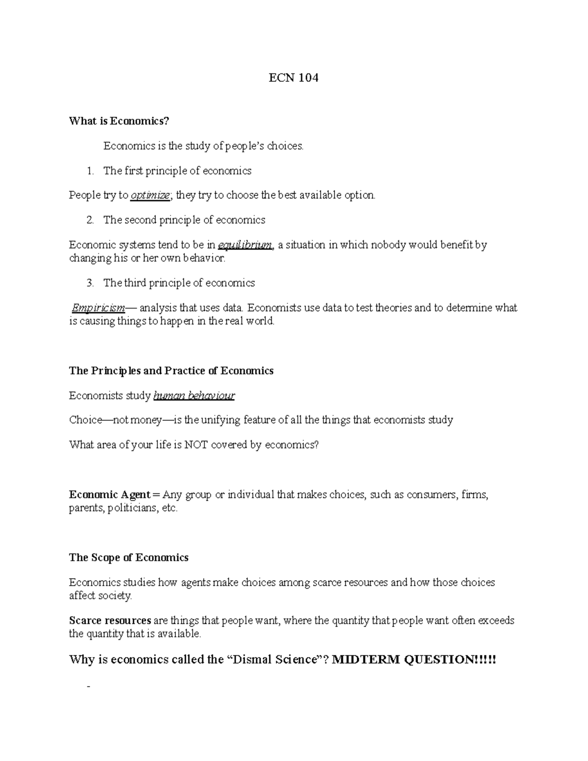 ECN 104 -1 - Lecture 1 class note - ECN 104 What is Economics ...