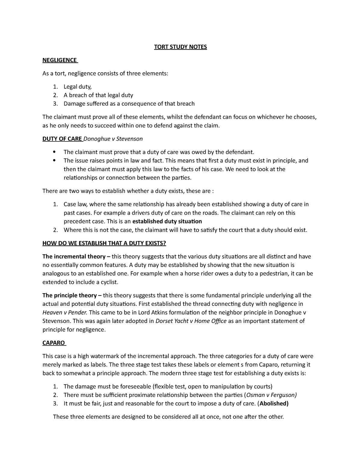TORT Study Notes - TORT STUDY NOTES NEGLIGENCE As a tort, negligence ...