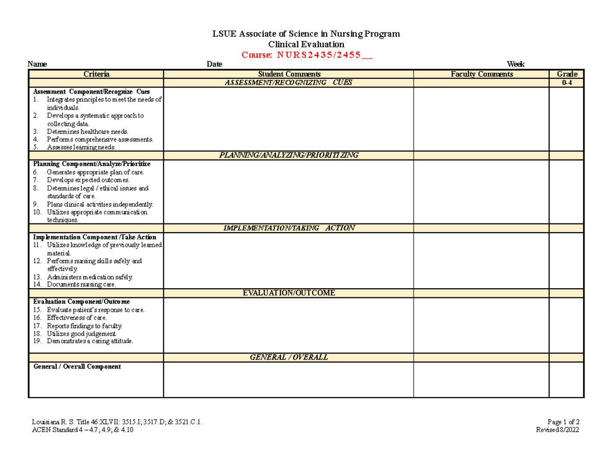 08 2022 Weekly Clinical Eval - LSUE Associate of Science in Nursing