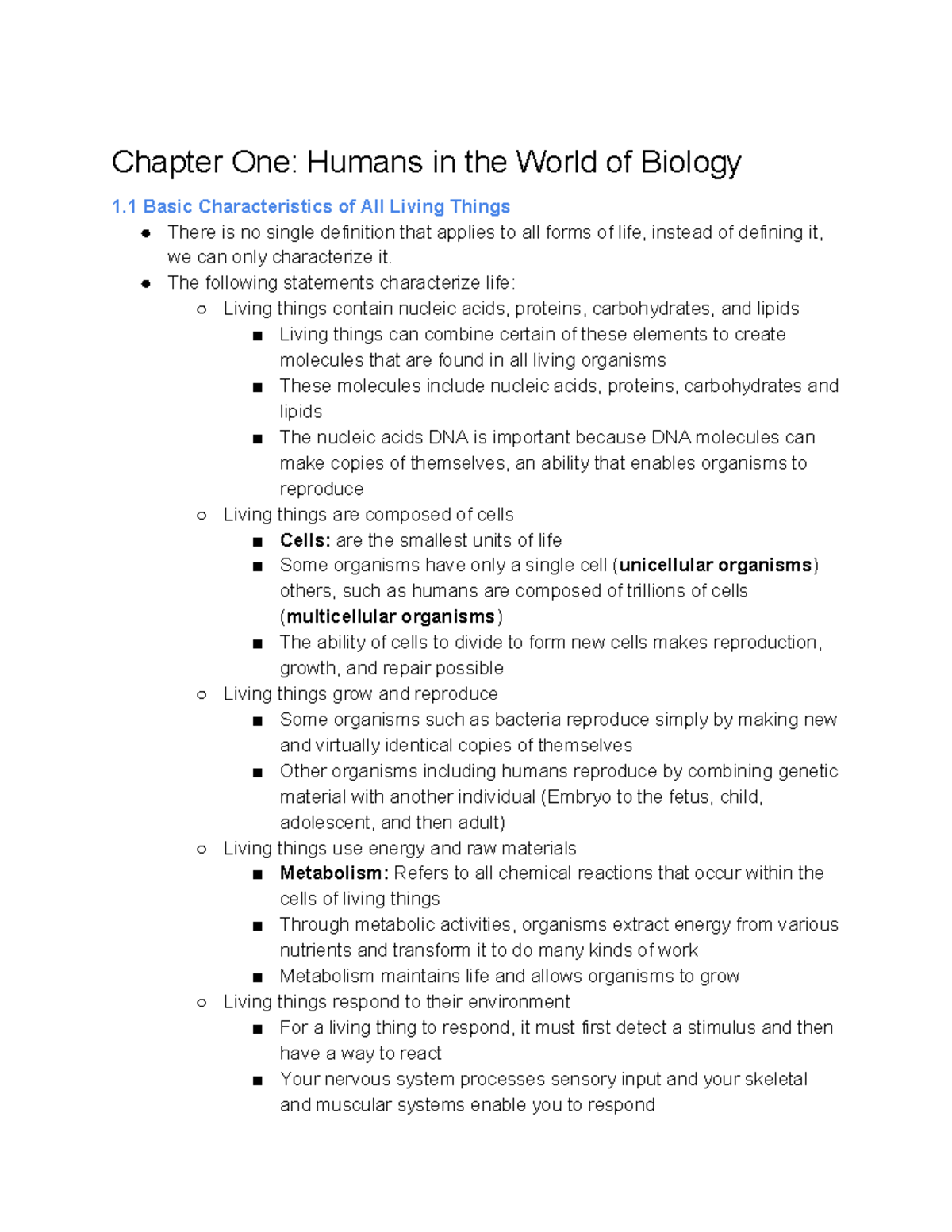 BIO 101 TB Notes - Chapter One: Humans in the World of Biology 1 Basic ...