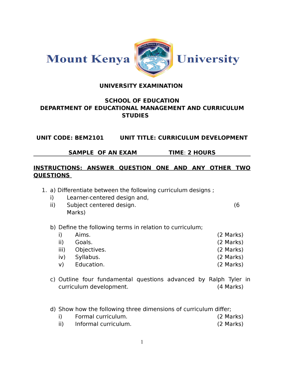 BEM 2101 EXAM Sample - Lectures Notes - UNIVERSITY EXAMINATION SCHOOL ...