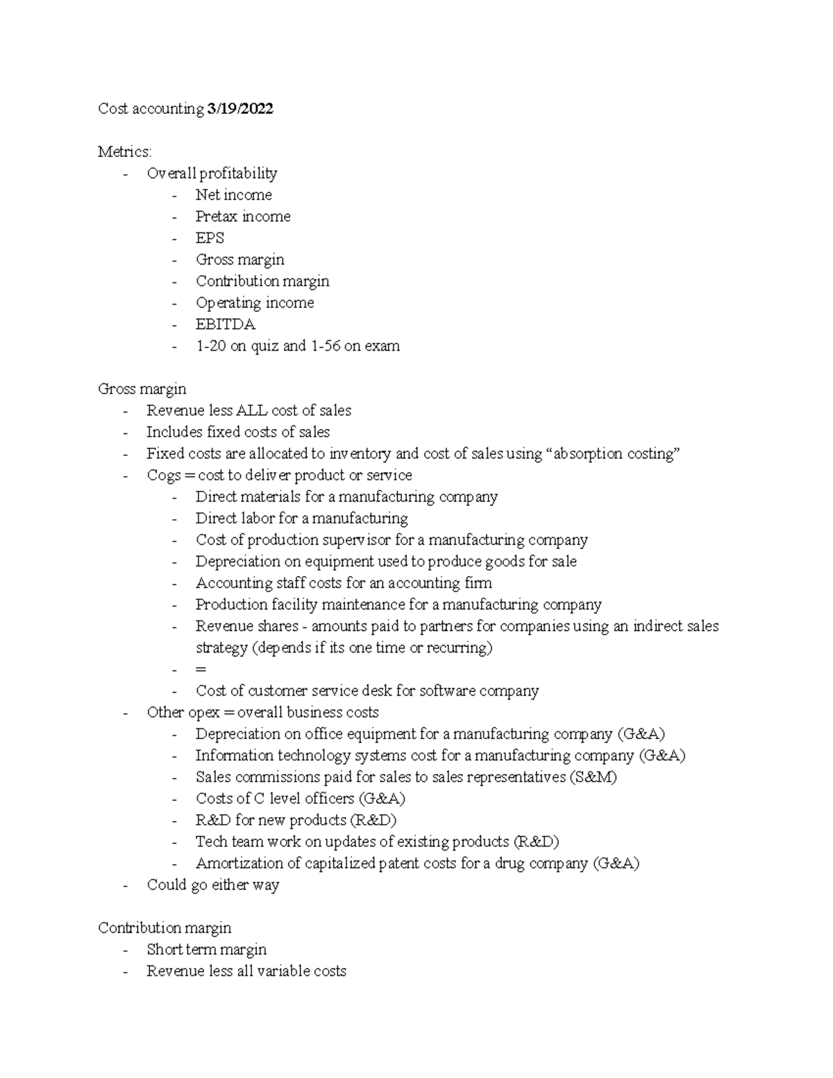 Cost accounting lecture notes Cost accounting 3/19/ Metrics