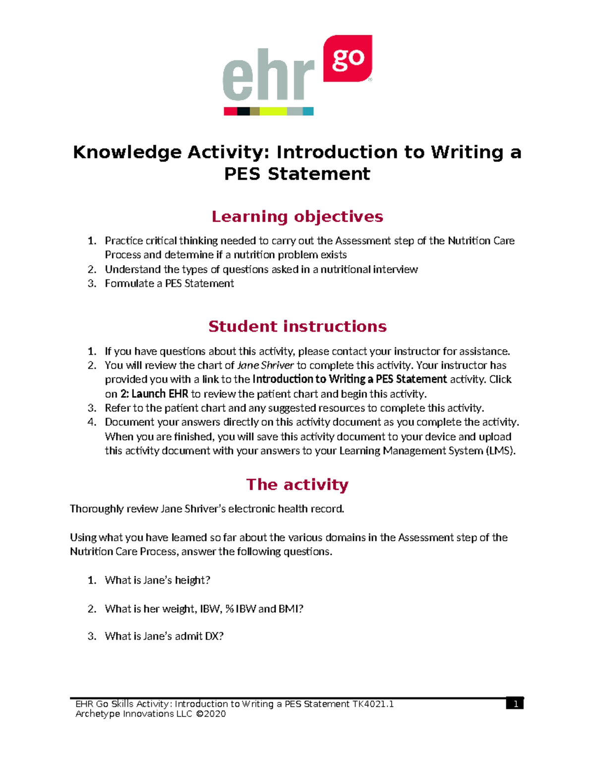 Introduction to Writing a PES Statement TK4021.1 - Knowledge Activity ...
