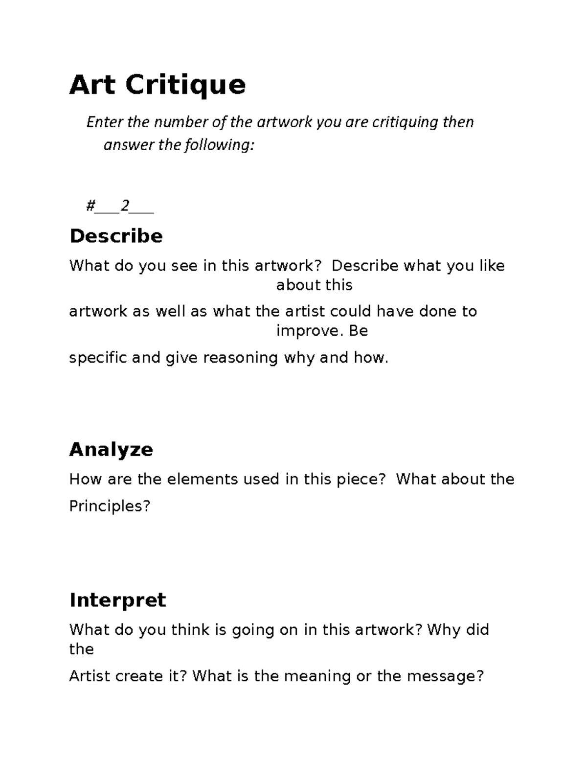 Digital Critique Sheet - Art Critique Enter the number of the artwork ...