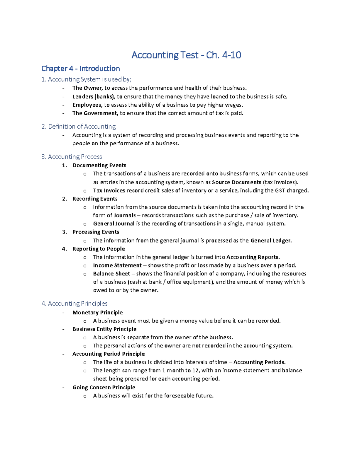 Accounting Test - 4 - 10 Chapter 4 - Introduction 1. Accounting System ...